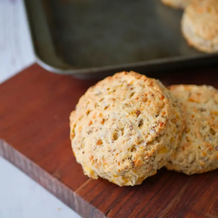 This image shows a closeup view of Bisquick Sausage & Cheese biscuits.