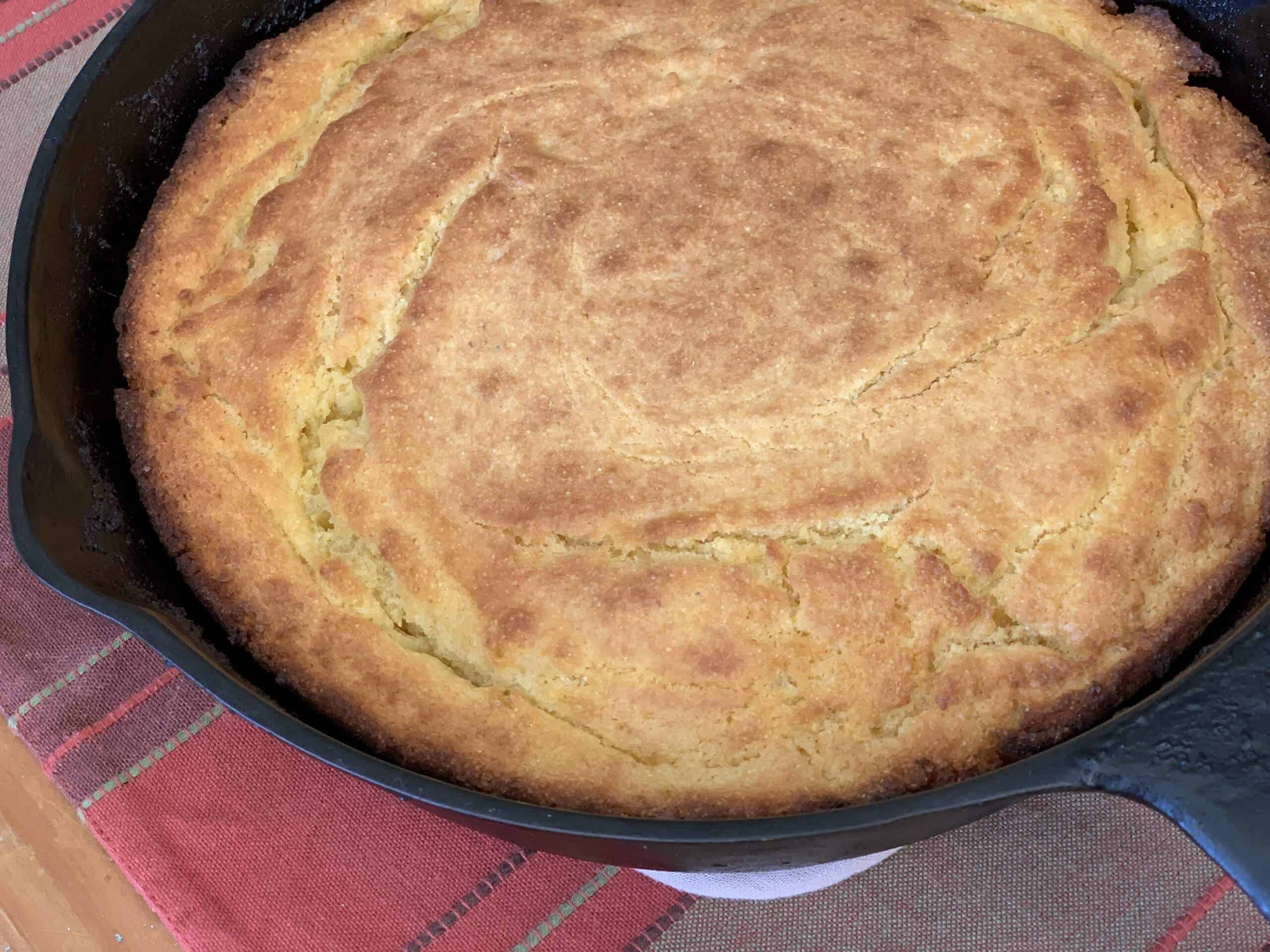 Southern Style Buttermilk Cornbread cooked in a Cast-iron skillet. 