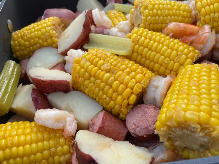 Closeup picture of what Frogmore Stew looks like. 