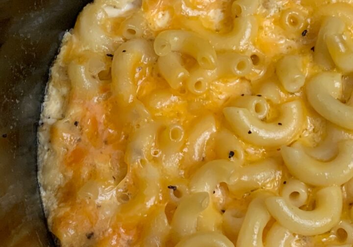 Closeup of slow cooker mac and cheese.