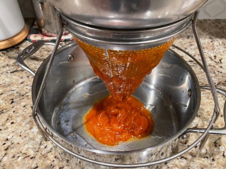 Processing american persimmon fruit in a conical sieve to remove seeds and skin.