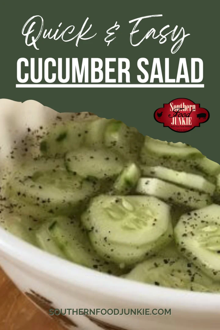 Cucumber salad in a Pyrex bowl sitting on a table for pintrest.