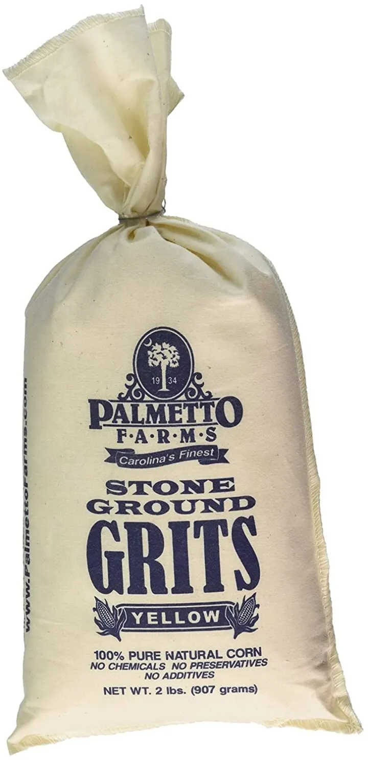 picture of stone-ground grits in a cloth sack from Palmetto farms in SC.