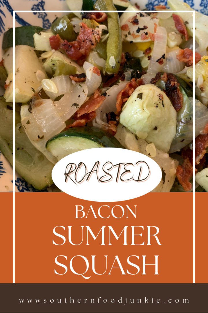 Closeup picture of roasted Bacon Summer Squash for pintrest.