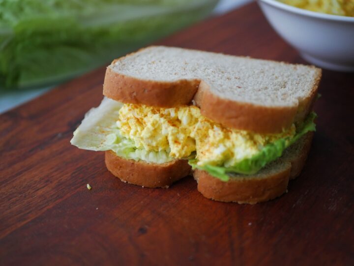 Closeup of a southern style egg salad sandwhich.