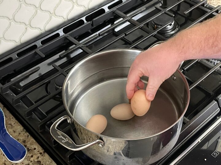 Fresh Eggs being added to a pot of water to make hard boiled eggs.