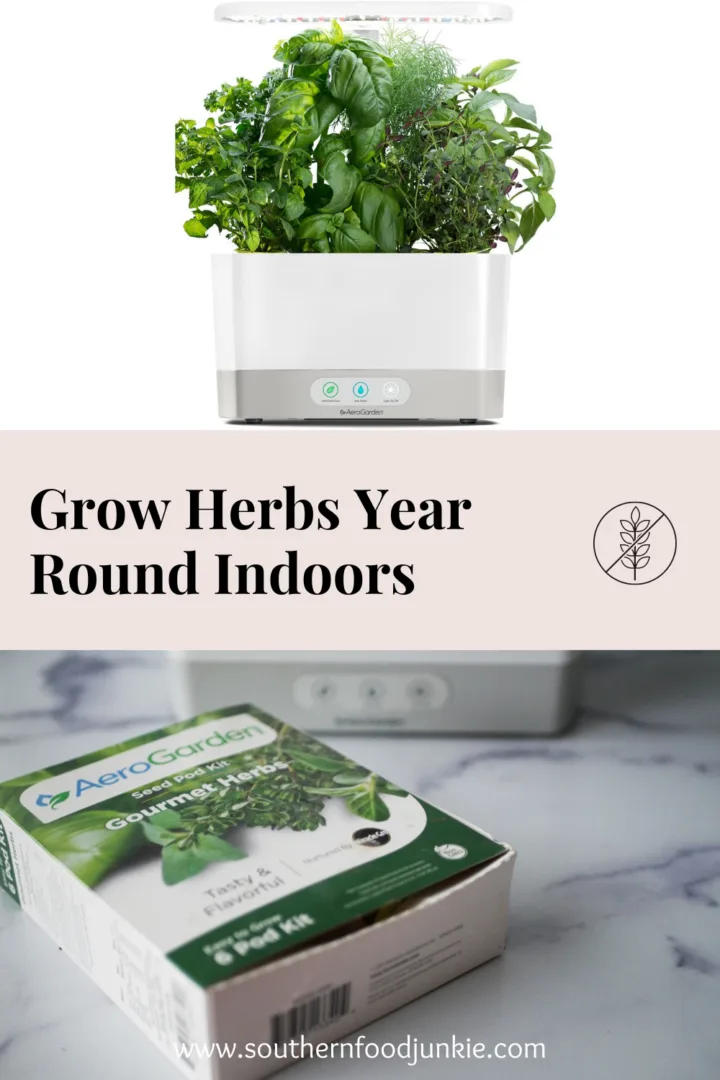 Pinterest picture for Aerogarden post about growing herbs indoors year round. 