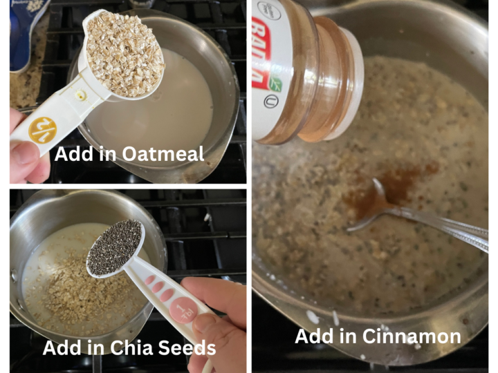 Adding in ingredients for homemade oatmeal.