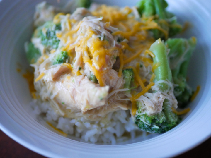 Close up photo of creamy slow cooker chicken and broccoli recipe.