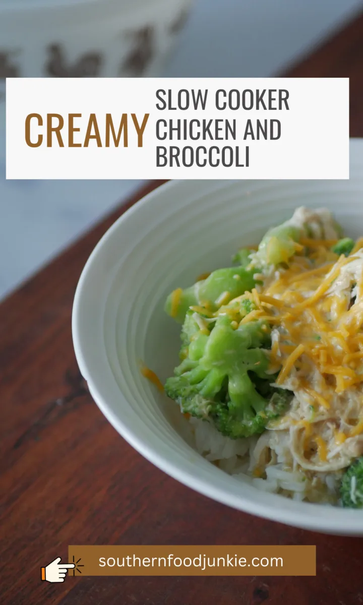 Creamy slow cooker chicken and broccoli over rice recipe photo for Pinterest.