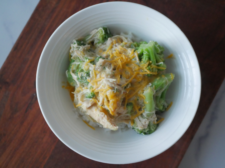 Over head shot of the finished recipe of creamy slow cooker chicken and broccoli over rice.