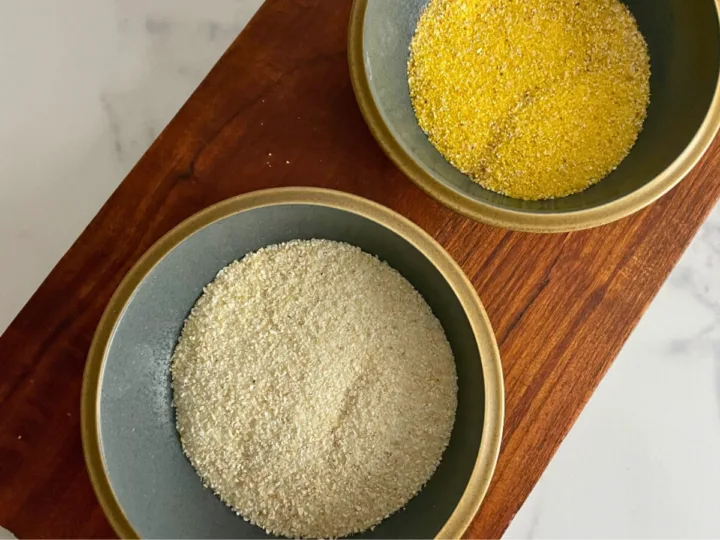 CLoseup picture of stone ground grits and quick grits in two separate bowls. 