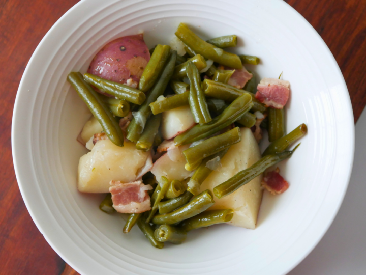 Overhead shot of southern-style green beans and potatoes recipe.