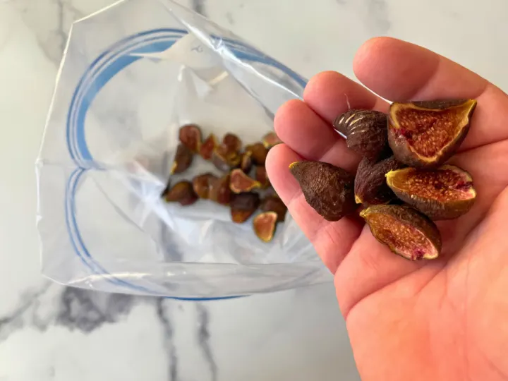 This is a picture of storing figs. I am placing the figs in a ziplock bag. 