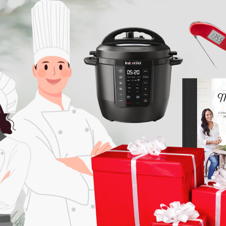 This is a featured picture showing two chefs, Christmas presents, and unique Christmas Gifts for cooks and foodies.