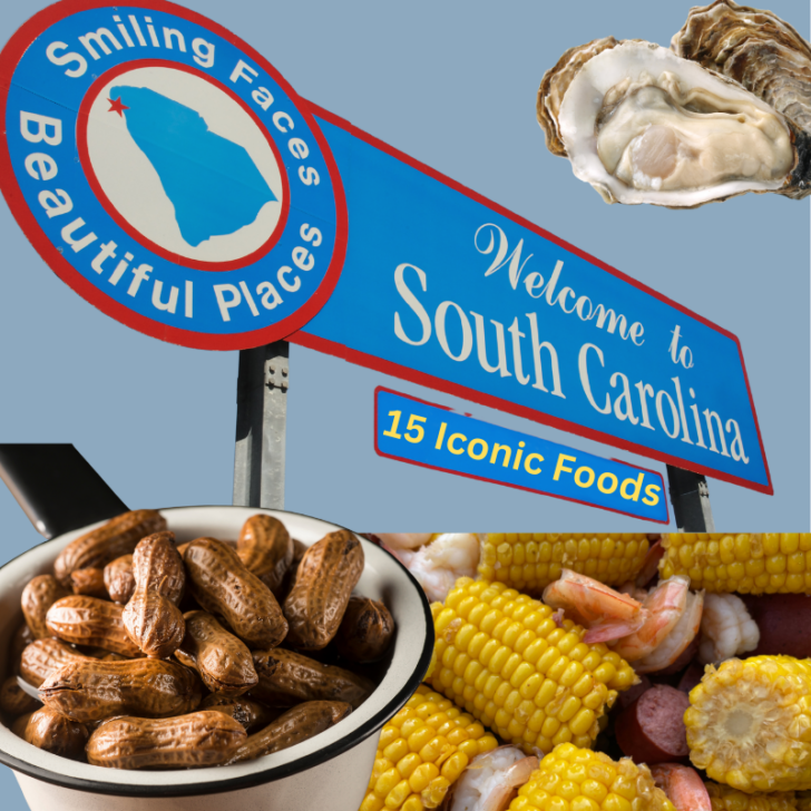 Image showing a sign that says welcome to South Carolina with traditional South Carolina food placed around it.