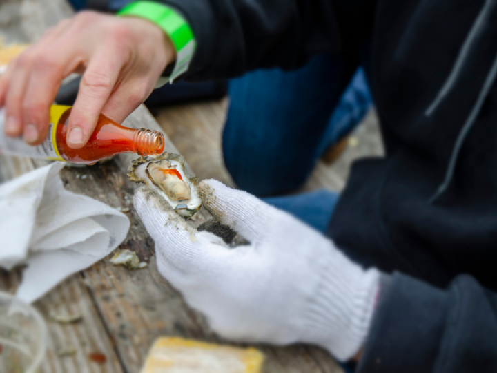 Adding hot sauce to a roasted oyster.