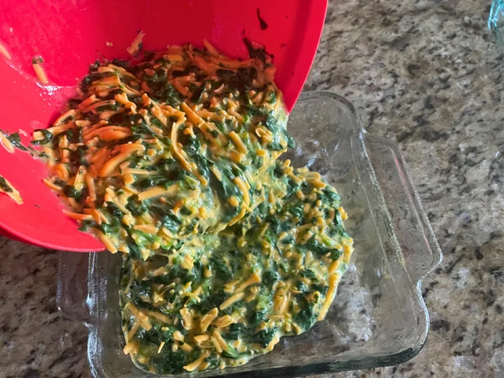 This image shows a red bowl that is full of a Spinach quiche mixture. The mixture is being poured into a glass baking dish such as a Pyrex dish.