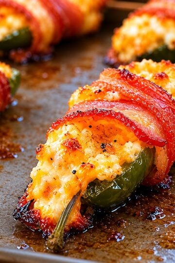 Close-up of cheesy bacon wrapped jalapeno poppers baked until crispy and golden brown on a baking sheet.