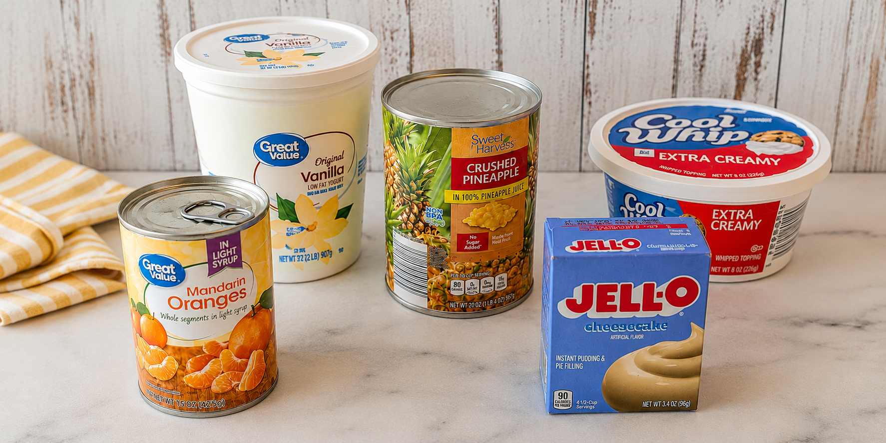 Ingredients needed to make easy fruit fluff dessert