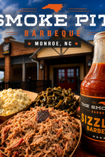 Pulled pork barbecue plate and sauce bottle at The Smoke Pit in Monroe NC