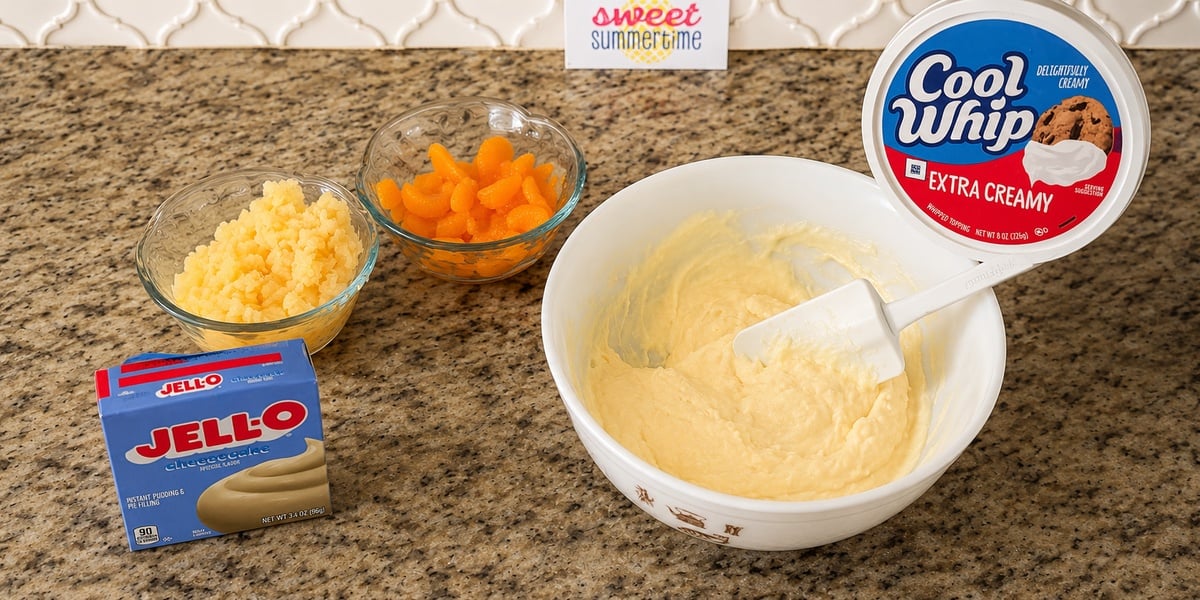Mixing vanilla yogurt and cheesecake pudding mix for fruit fluff recipe.