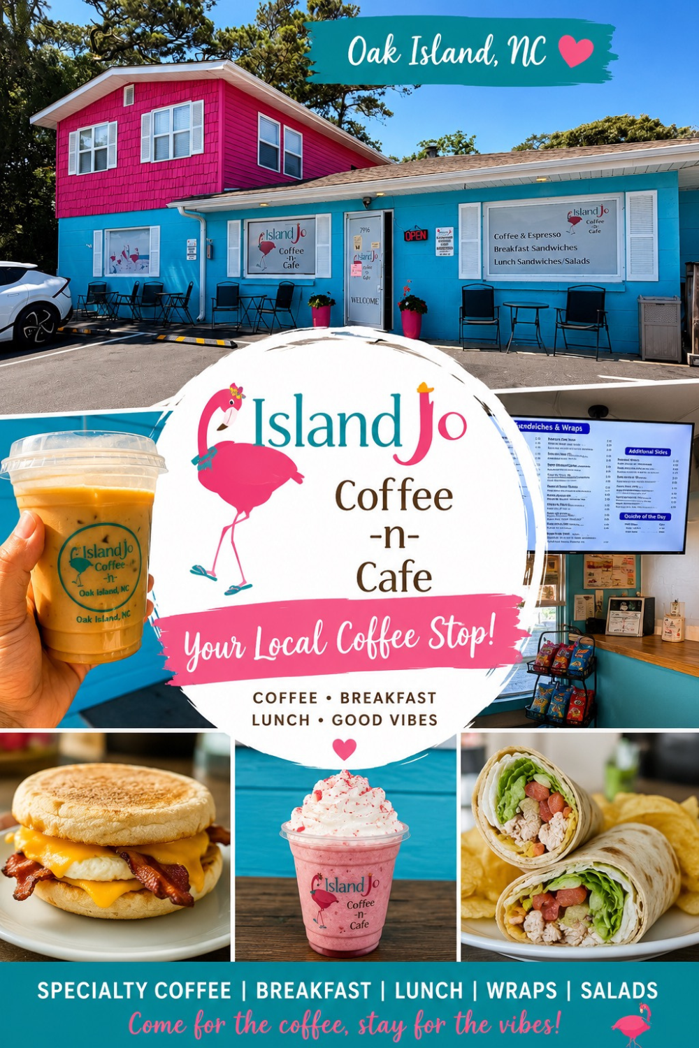 Best coffee shop on Oak Island NC featuring Island Jo Coffee & Cafe, specialty coffee drinks, breakfast, lunch, wraps, and salads.