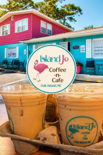 Iced caramel macchiatos from Island Jo Coffee and Cafe in Oak Island NC with the coffee shop exterior in the background.