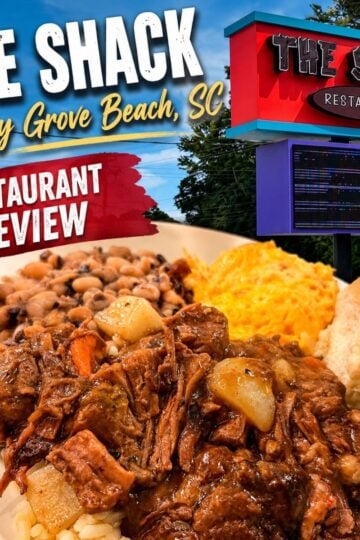 Beef stew over rice with black-eyed peas, squash casserole, and a dinner roll at The Shack restaurant in Cherry Grove Beach SC