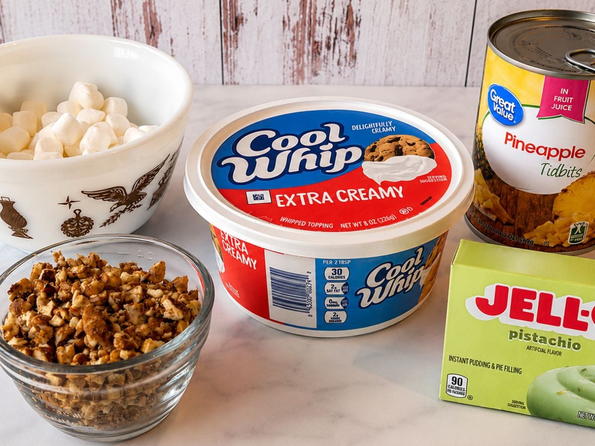 Ingredients for Watergate salad including pistachio pudding mix, crushed pineapple, Cool Whip, mini marshmallows, and chopped pecans.