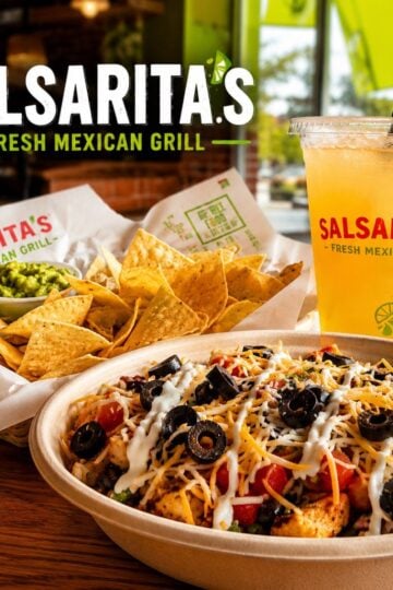 Featured image for Southern Food Junkie showing Burrito bowl, chips, guacamole, and drink at Salsarita's Fresh Mexican Grill in Rock Hill, South Carolina.