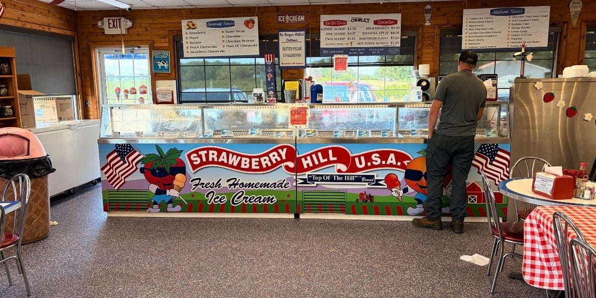 The fresh homemade ice cream counter and menu boards inside Strawberry Hill U.S.A. Cafe and Ice Cream Parlor in Chesnee, South Carolina.