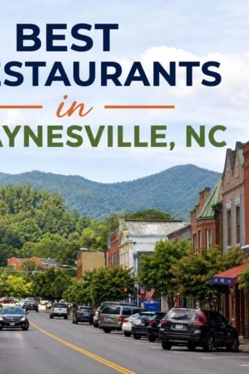 Downtown Waynesville, North Carolina, with mountain views and text highlighting the best restaurants in Waynesville, NC