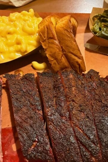 Dry-rubbed ribs with collard greens and mac and cheese at Haywood Smokehouse in Waynesville, NC