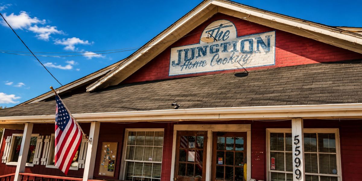 Exterior of The Junction restaurant near Landrum, SC, with its rustic Home Cooking sign and American flag along Scenic Highway 11.