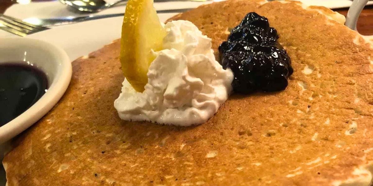 Pancakes topped with blueberry compote at Joey's Pancake House in Maggie Valley, NC
