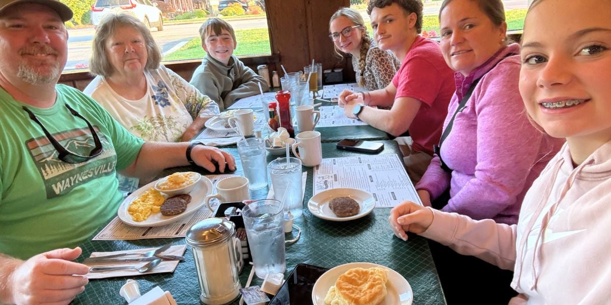 Eating breakfast at Joey's Pancake House during our trip to Maggie Valley, NC.