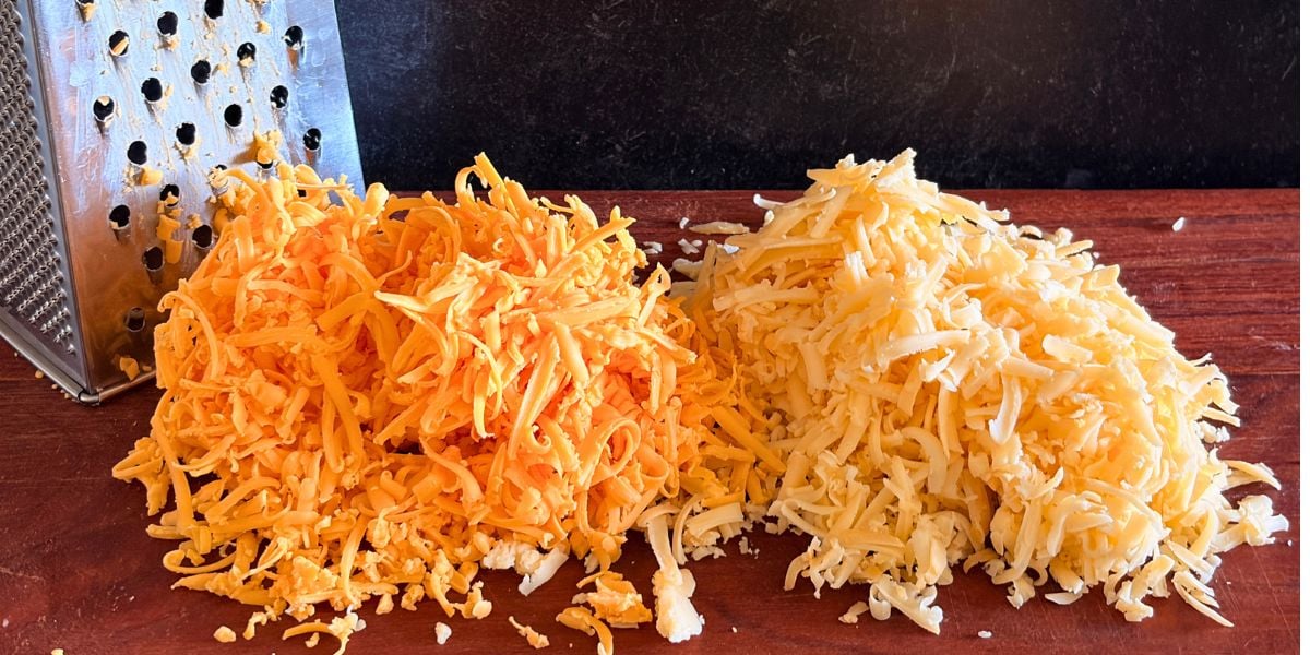 Freshly grated smoked Gouda and sharp cheddar cheese.