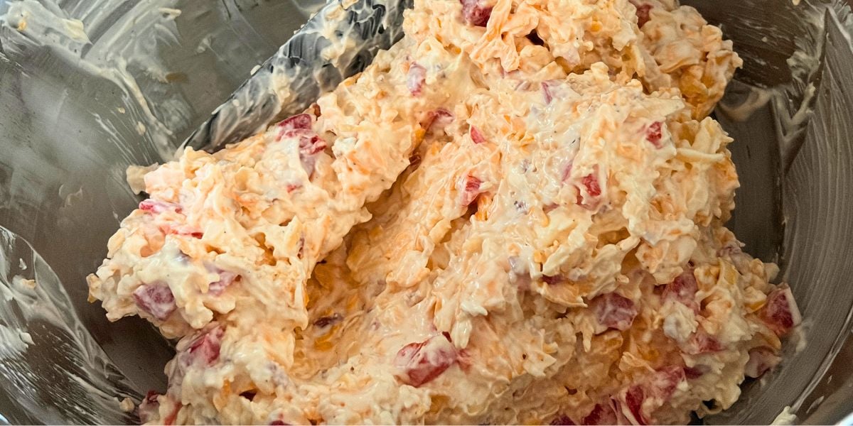 Homemade smoked Gouda pimento cheese after mixing.