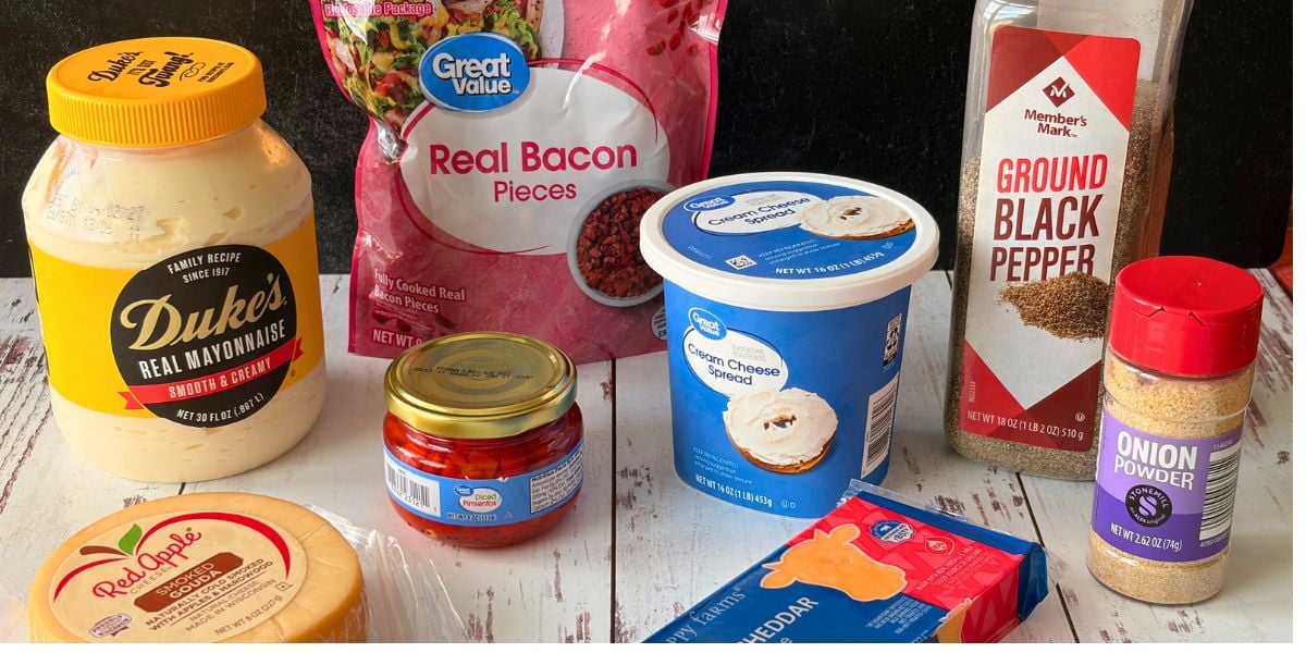 Ingredients for smoked Gouda pimento cheese with bacon.