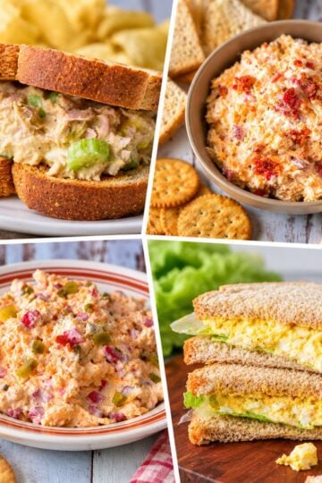 Collage of four homemade sandwich spread recipes featuring Southern egg salad, tuna salad, smoked Gouda pimento cheese, and jalapeño pimento cheese.